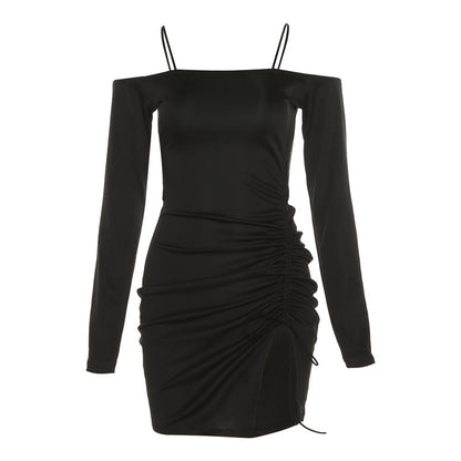 Slim Straight Neck Wrap Hip Split Dress Women