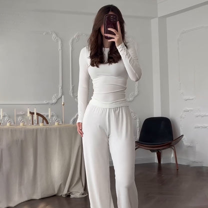 Women's Round Neck Solid Color Wide Leg Pants Stylish Office Suit