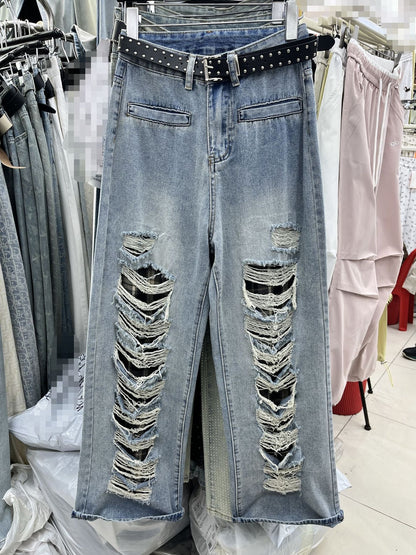 Blue With Holes Design Straight Jeans