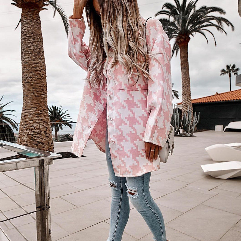 Loose-fitting Long Sleeves Houndstooth Woolen Coat