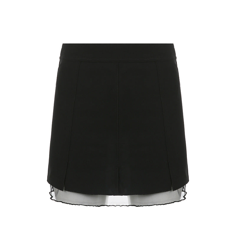 Women's American Style Black Mesh Stitching Elastic Skirt