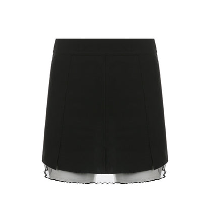 Women's American Style Black Mesh Stitching Elastic Skirt