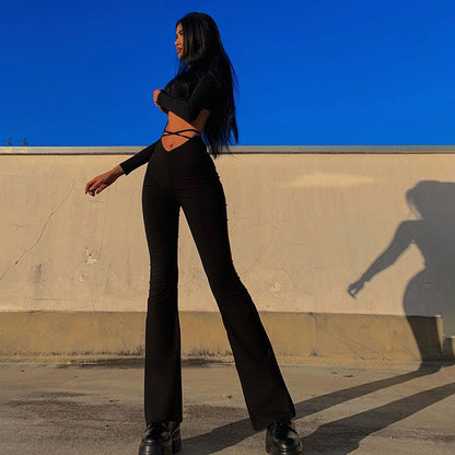 V-waist Cropped Crisscross Strap Flared Pants