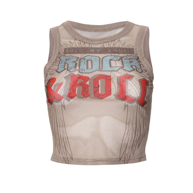 Fashionable See-through Mesh Floral Print Round Neck Sleeveless Short Vest
