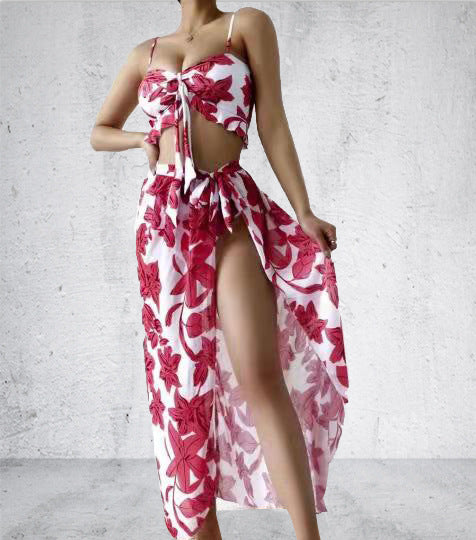 Three-piece Floral Front Bikini Beach Dress