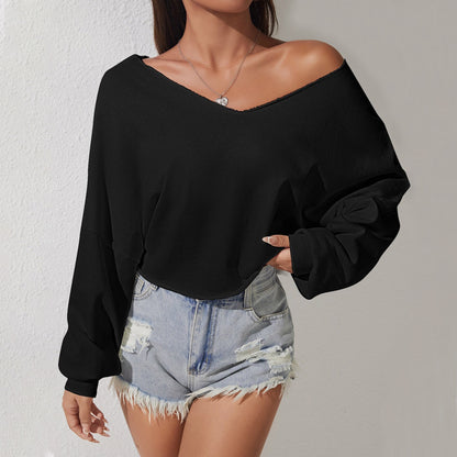 Loose T-shirt Autumn And Winter V-neck Versatile Slim Off-shoulder Design Top