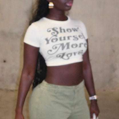 Street Hipster Round Neck T-shirt Versatile Letter Print Navel Short Sleeve