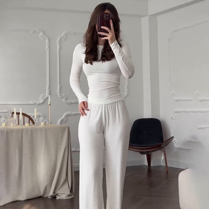 Women's Round Neck Solid Color Wide Leg Pants Stylish Office Suit