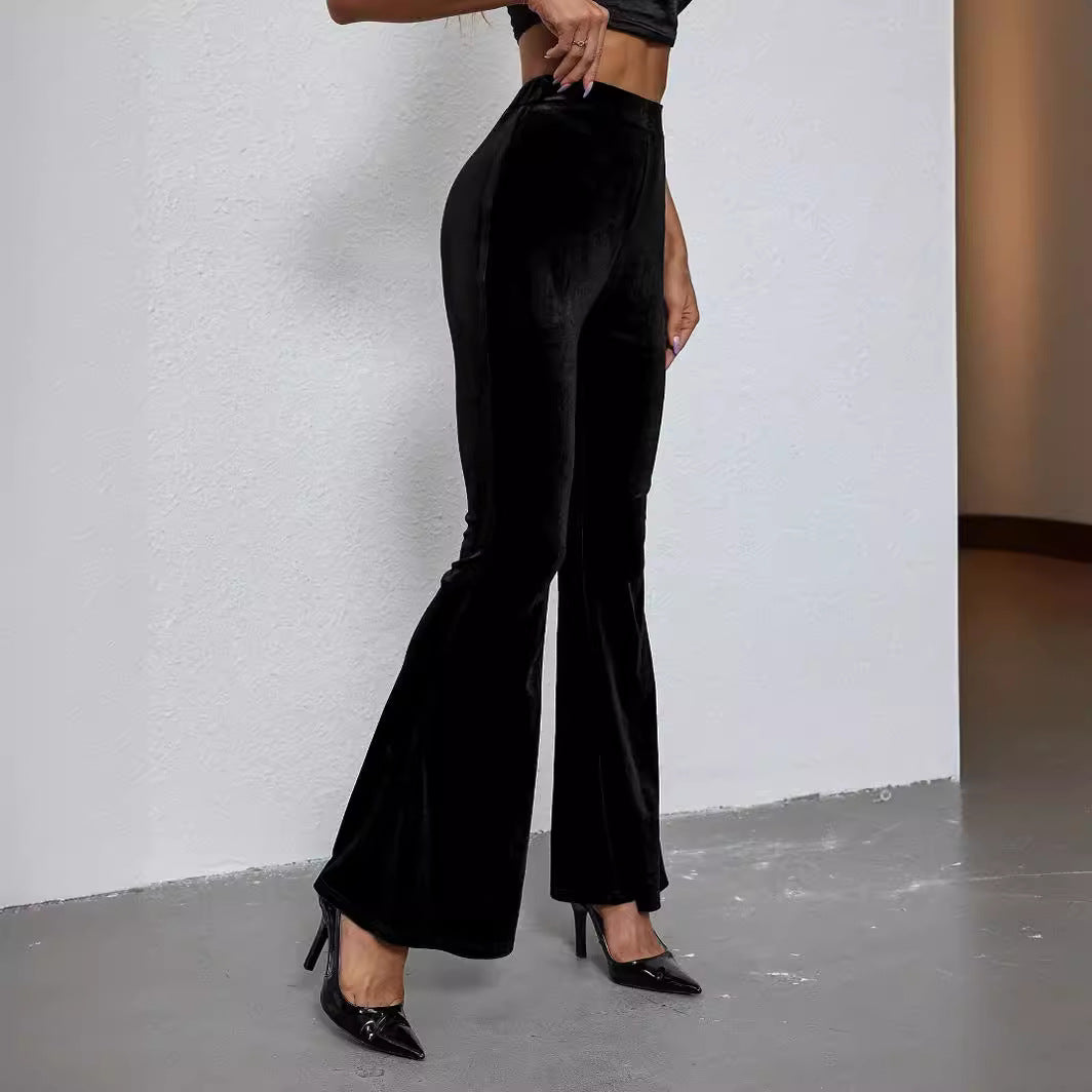 Slim Solid Color High-Waist Velvet Flared Pants