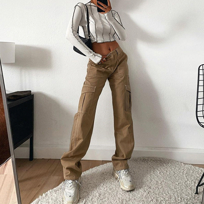 Stylish Multi-pocket Workwear Straight-leg Trousers High Waist Jeans