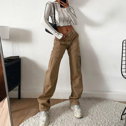 Stylish Multi-pocket Workwear Straight-leg Trousers High Waist Jeans