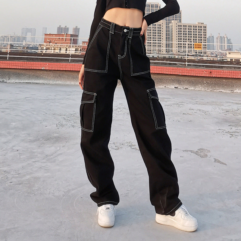 Stylish Multi-pocket Workwear Straight-leg Trousers High Waist Jeans