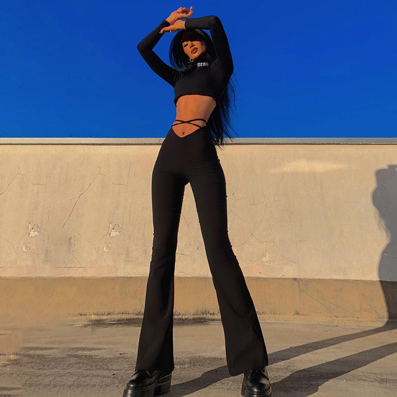 V-waist Cropped Crisscross Strap Flared Pants