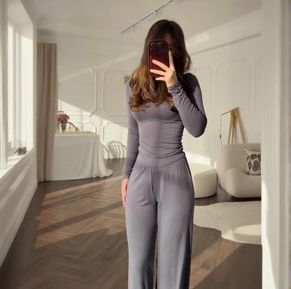 Women's Round Neck Solid Color Wide Leg Pants Stylish Office Suit