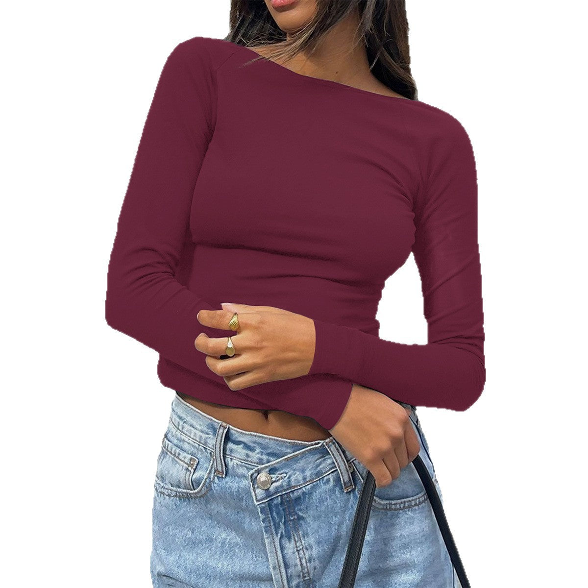 Chic Slim-fit Long-sleeve Solid-color Base T-shirt