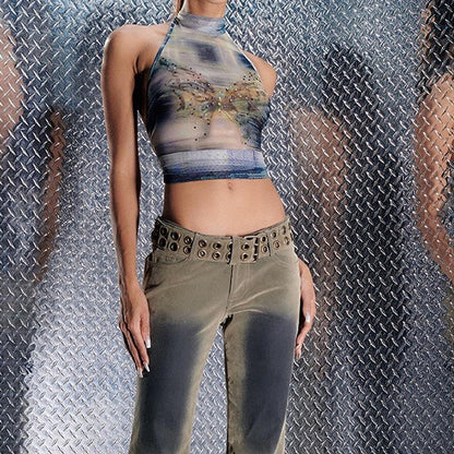 Hollow Retro Printed Turtleneck Halter Strap Cropped Tank Top