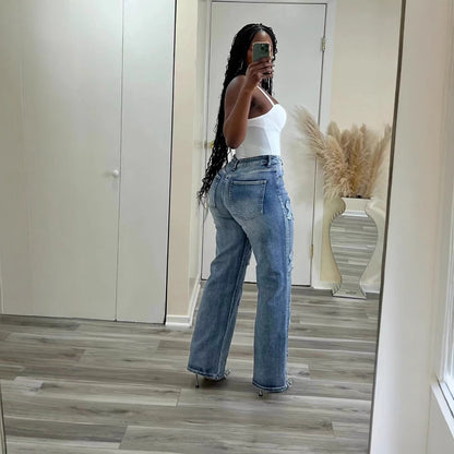 Vintage Washed Denim Fringe Cross Patch Straight Women's Jeans