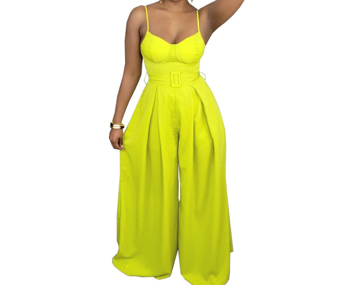 Fashion Solid Color Suspender Wide Leg Ladies Jumpsuit
