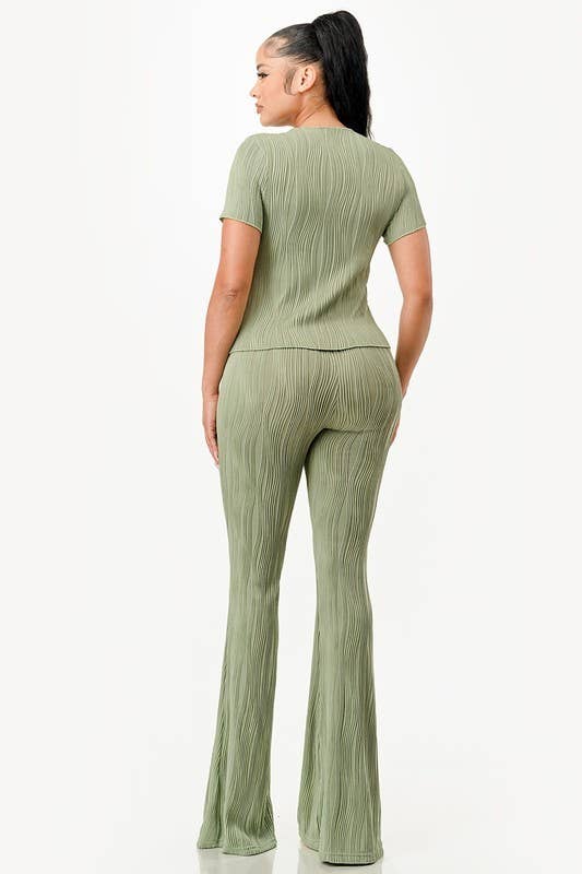 Solid color wavy bliss casual top with flare pants set