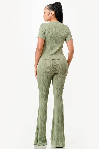 Solid color wavy bliss casual top with flare pants set