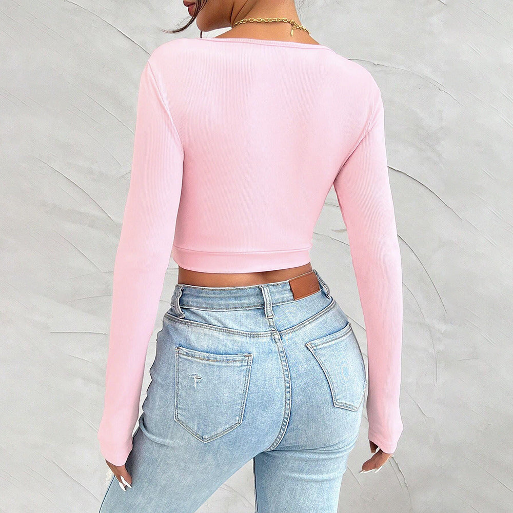 Sweet And Spicy Pure Desire Style T-shirt Autumn And Winter U-neck Slim-fit Long-sleeved Top