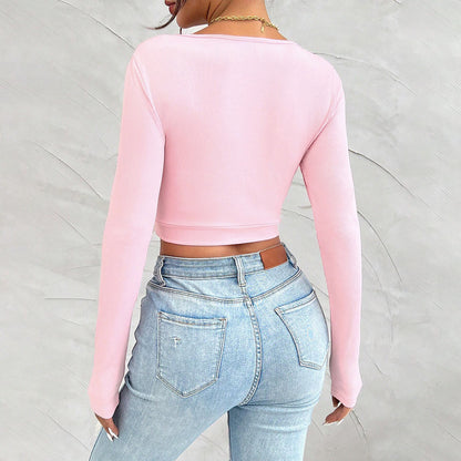 Sweet And Spicy Pure Desire Style T-shirt Autumn And Winter U-neck Slim-fit Long-sleeved Top