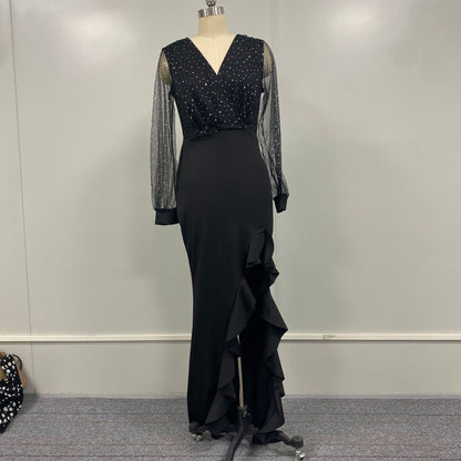 Package Hip Mid-rise Abdomen-control Black Mesh Sequins Dress