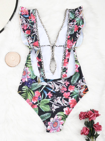 Fashion Ruffled Deep V One-piece Swimsuit