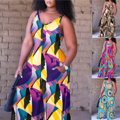 Women's Printed Loose Suspender Jumpsuit