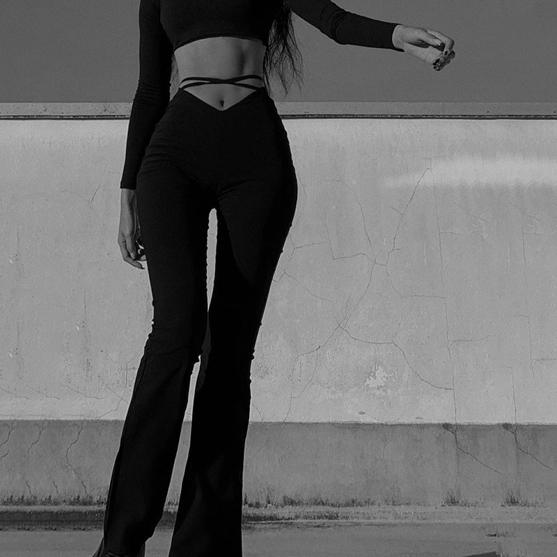 V-waist Cropped Crisscross Strap Flared Pants