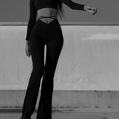V-waist Cropped Crisscross Strap Flared Pants