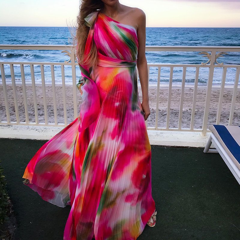 Printed Pleat And Waisted Dress
