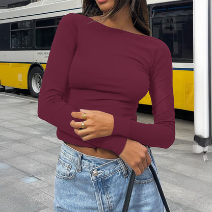 Chic Slim-fit Long-sleeve Solid-color Base T-shirt