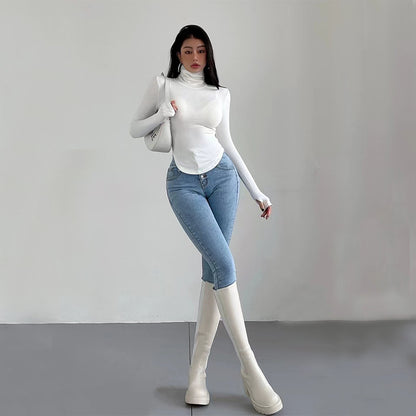 Women's Pure And Sexy Style T-shirt High-neck Slim-fit Figure-hugging Top For Autumn And Winter