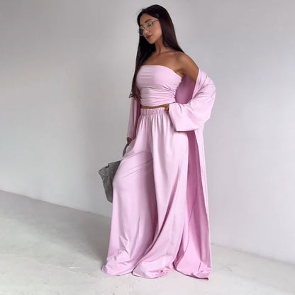 Casual Loose Cardigan Straight-leg Pants Tube Top Suit