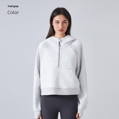 Fleece-lined Warm Yoga Clothes Half Zipper Hooded Sweater