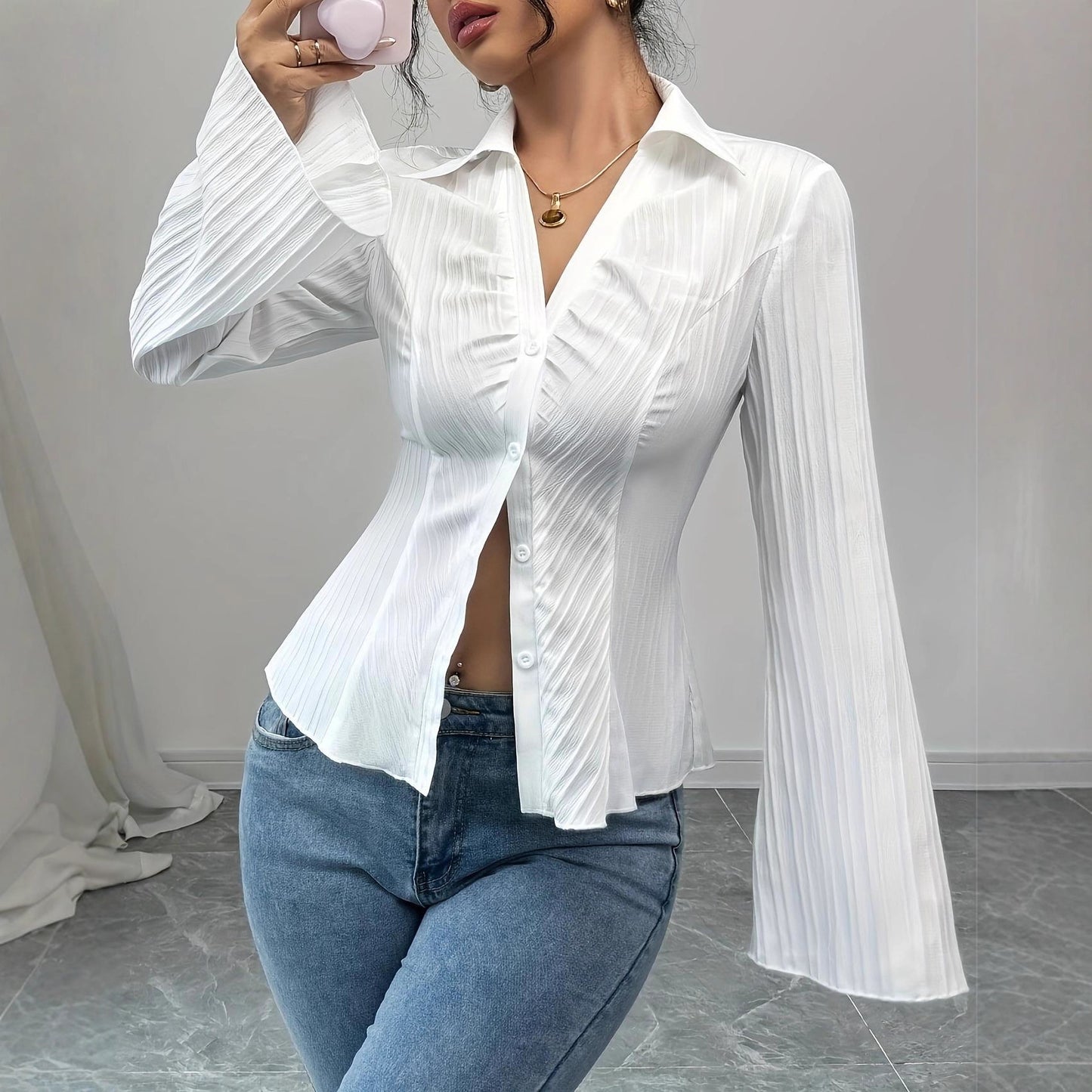 Elegant V-neck Single-breasted Solid-color Striped Blouse