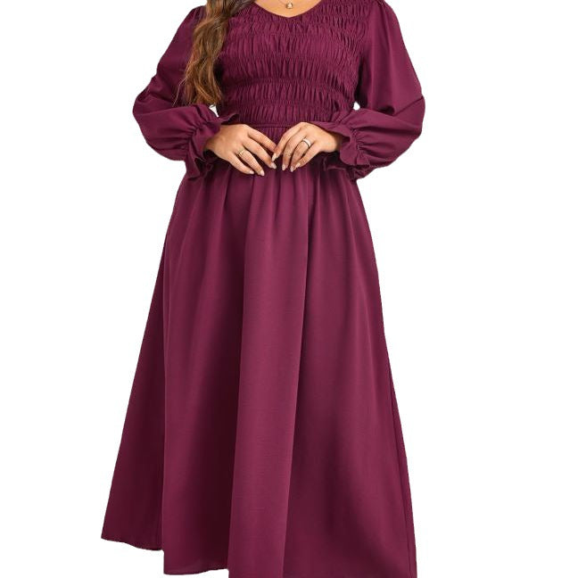 Round Neck Puff Sleeve A- Line Style Pleated Waist Tight Slimming Dress