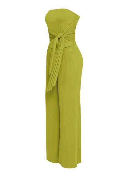 Tie detailed tube top and wide leg pant set
