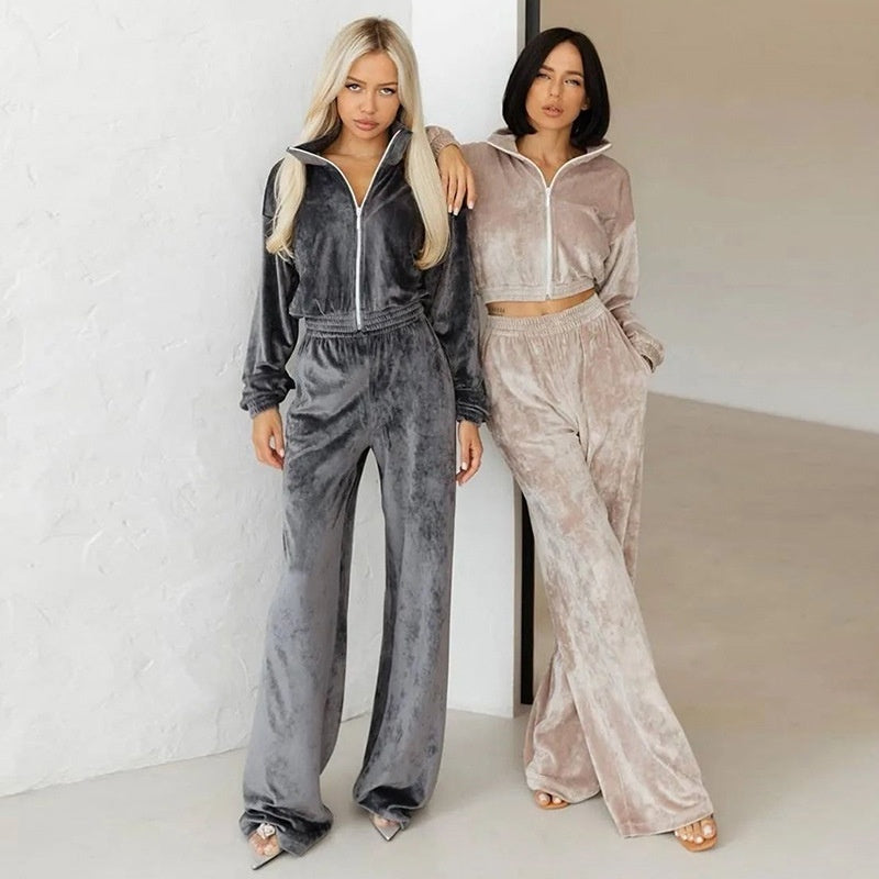 Fashion Women's Long-sleeve Lapel Zip-up Cardigan Hoodie Fleece Sweater Trousers