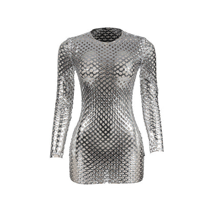 Solid Color Round Neck Hollow-out Long Sleeve Glossy Slim Fit Dress