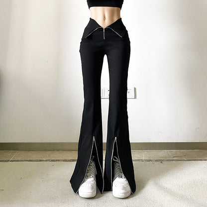 Designer Black V-shaped Flanging Zipper Bootcut  Slimming High Waist Slit Casual