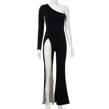Fashion Solid Color One-shoulder Mesh Stitching Jumpsuit