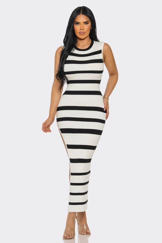 STRIPE SWEATER KNIT LONG DRESS WITH SIDE OPEN