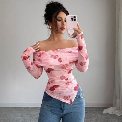 One-shoulder Slim Fit Slimming Ruffled Hem Irregular Versatile Printed Top