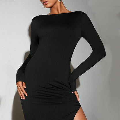 Sexy Dress For Socialites Autumnwinter Round Neck Open Back Design Midi
