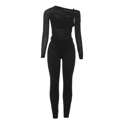Women's Sexy Sheer Top, Spaghetti Strap Vest And High-waisted Slim Pants Three-piece Set