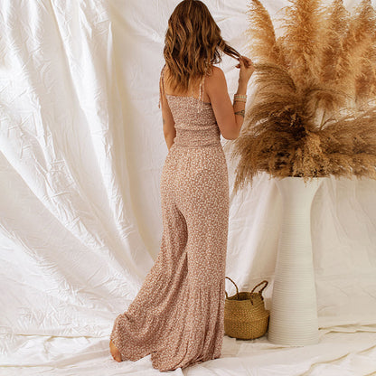 Sleeveless Long Waist Wrapped Chest Floral Horn Jumpsuit